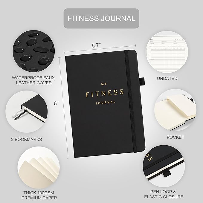 &And Per Se Fitness Workout Journal for Men & Women, Workout Log Book Planner with Daily Diet, Gym Exercise & Training Trackers - Undated, A5 Size, Leather Hardcover (Black)