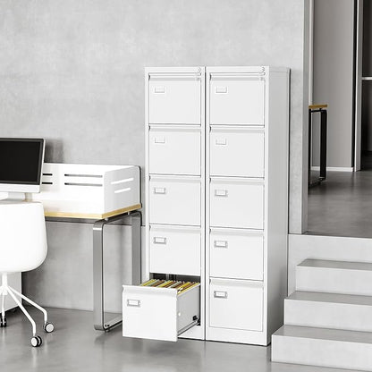 Fesbos File Cabinets - 5 Drawers Vertical 17.8" Deep Lockable Filing Cabinet - White Metal Storage Cabinets for Home Office to Hanging Files Letter/Legal/F4/A4 Size
