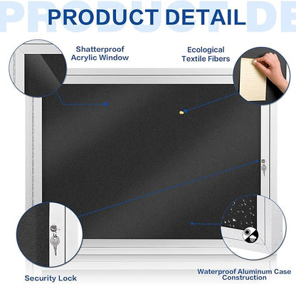 SWANCROWN Enclosed Bulletin Board Weatherproof 37x28in, Outdoor Lockable Bulletin Board Wall Display Case for Office School Commerce, Black Felt, Sliver Aluminum Frame (8xA4)