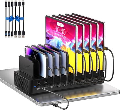 415W Charging Station for Multiple Devices, 10-Port USB C Fast Charger Station, Dual PD 100W Charging Dock with Adjustable Dividers & 6 Cables-Device Organizer for Laptop MacBook, iPhone, iPad