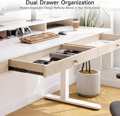 Standing Desk With Drawers, 55x23.6 Inch Electric Stand Up Workstation With Storage Shelf and Memory Controller, Adjustable Height 28-46 Inch for Computer, White