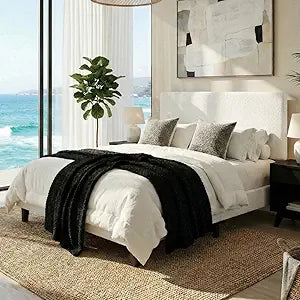 Boucle Upholstered Queen Size Bed Frame, White