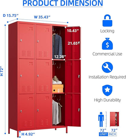 SUPEER 9 Doors Metal Locker with Business Card Holder and 27 Hooks,Metal Locker for Employees with Ventilation Holes for School Garage Office Gym Home,Assembly Required,Red