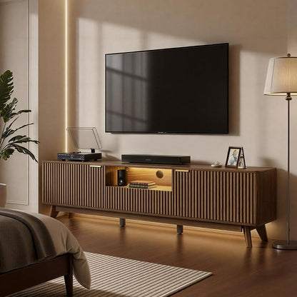 70 Inch Fluted TV Stand with Storage for Living Room, Walnut
