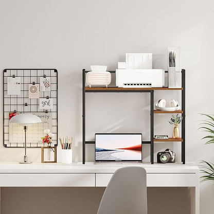 Snughome Desk Shelf, 31.9" Desktop Organizer Shelf, Desk Hutch for Computer Monitor, 4 Tier Desk Top Display Rack, Wood Desktop Bookshelf Storage Rack for Home Office Dorm, Rustic Brown