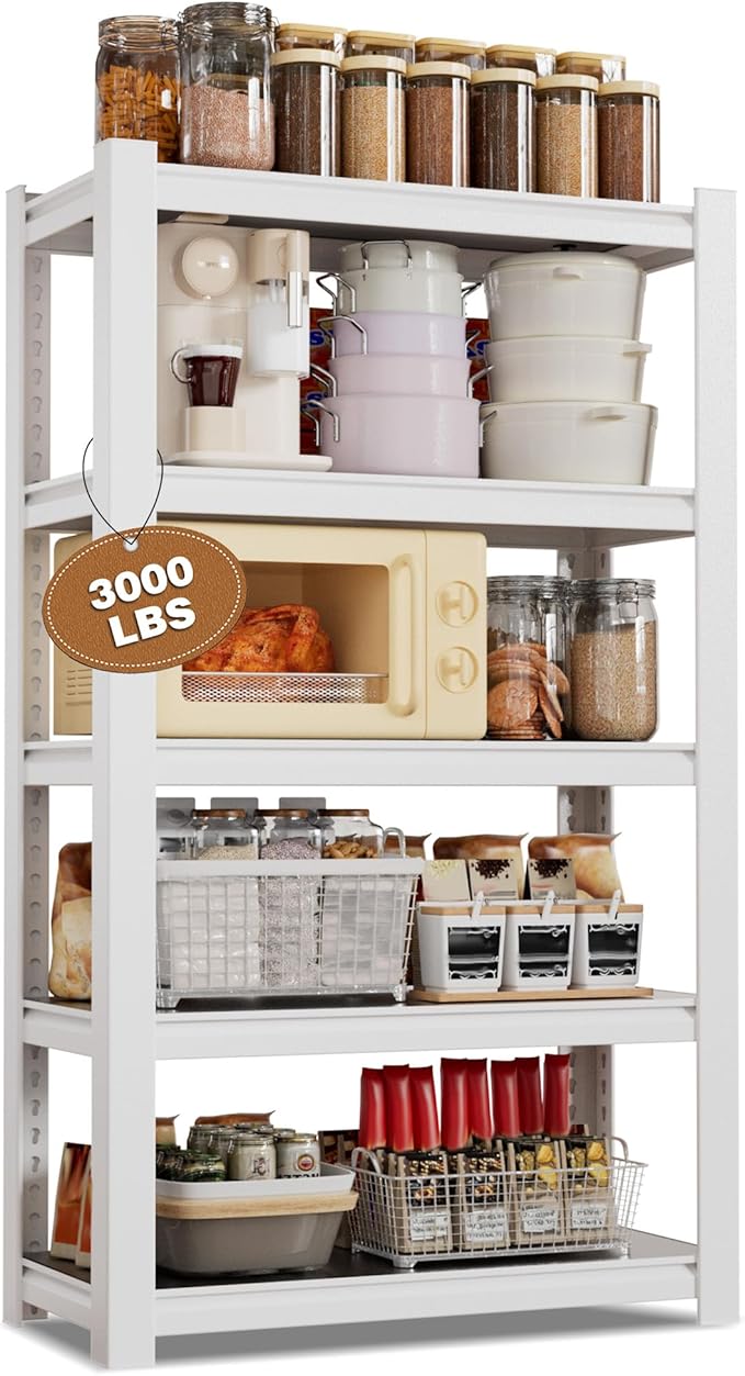 WORKPRO House 5-Tier Shelving Unit, 3000lbs Adjustable Storage Shelves, Boltless Book Shelf, Shelf Organizer for Kitchen, Living Room, Bathroom, Wood Grain Pattern, Waterproof Board, 24-1/10"W, White