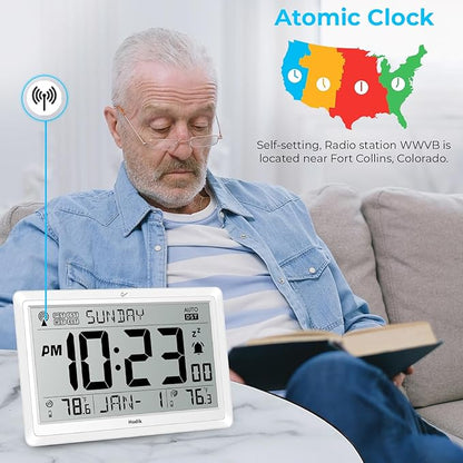 Wall Clock Atomic with Indoor Outdoor Temperature Battery Powered, Easy Reading with 10.5 Inch Large LCD Display, 330FT Range Table Wall Clock with DST, 12/24 Hour for Living Room Kitchen (White)