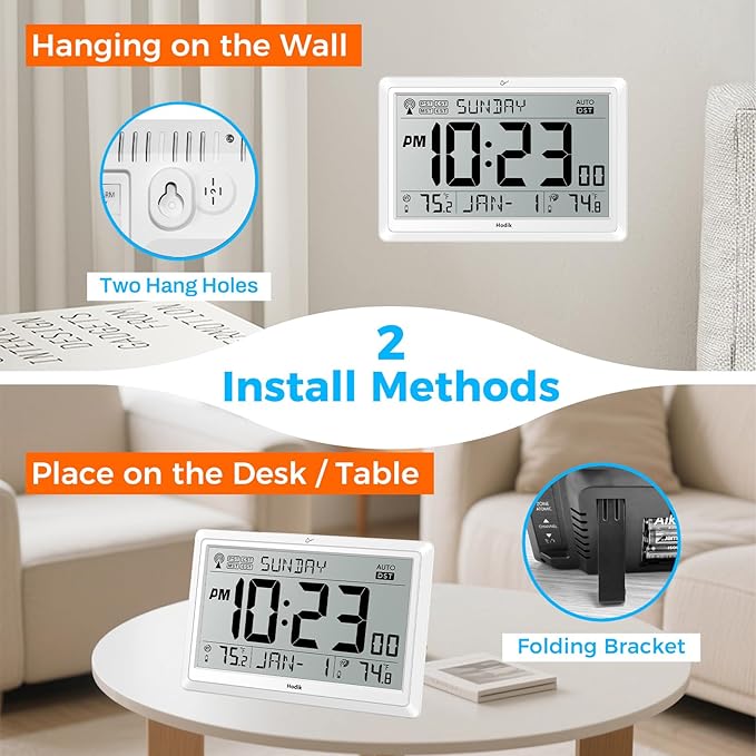Wall Clock Atomic with Indoor Outdoor Temperature Battery Powered, Easy Reading with 10.5 Inch Large LCD Display, 330FT Range Table Wall Clock with DST, 12/24 Hour for Living Room Kitchen (White)