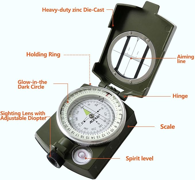 AOFAR Military Compass,AF-4580 Lensatic Sighting, Waterproof and Shakeproof with Map Measurer Distance Calculator, Pouch for Camping, Hiking