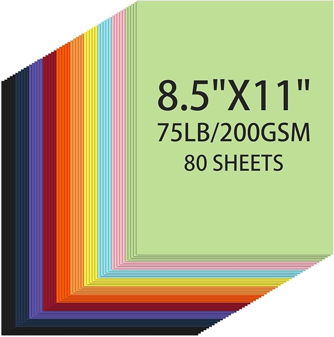 Cardstock 8.5 X 11, 80 Sheets 10 Colors Card Stock, 75lb/ 200gsm Copy Paper, Cardstock Printer Paper For Art, Drawing, Invitations, DIY Cards, Watercolor, Craft, Construction, School & Office Supplies