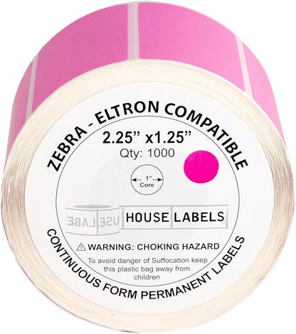 HOUSELABELS 2.25" x 1.25" Pink Address Labels on 1" Core Compatible with Zebra and Rollo Printers, 20 Rolls / 1,000 Labels per Roll
