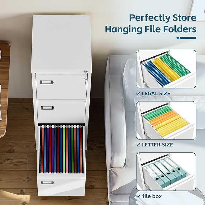 MIIIKO 3 Drawer File Cabinet, White Vertical Filing Cabinets with Lock, Home Office File Folders Storage Cabinet for Letter Legal A4 File Size