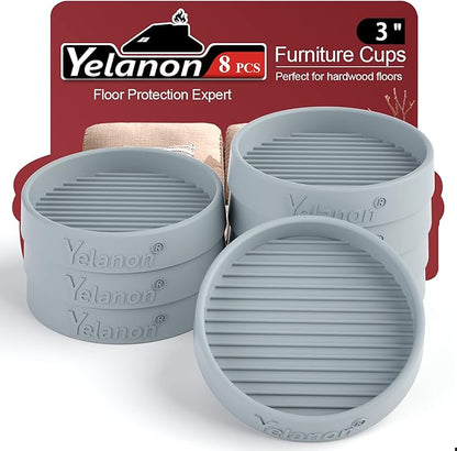 Yelanon Furniture Coasters - 8 Pcs 3'Round Rubber Furniture Caster Cups - Non Slip Pads Hardwood Floors Non Skid Grippers - Anti Slide Floor Protector for Bed Couch Stoppers Gray