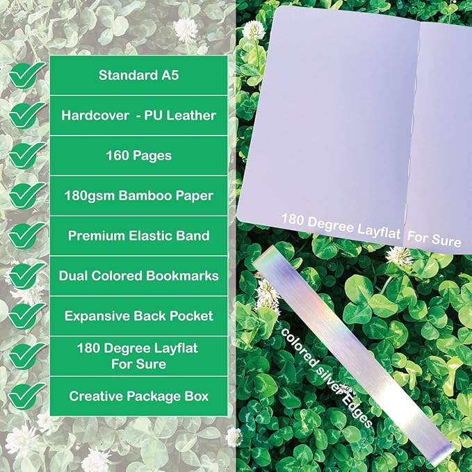 BUKE Dotted Notebook Journal 180GSM Bamboo Thick White Paper 160 Pages 5 * 5MM Dot Grid, Lay Flat Binding,Colored Silver Edges, Bookmarks and Expandable Back Pocket (BKP-4) ROSE