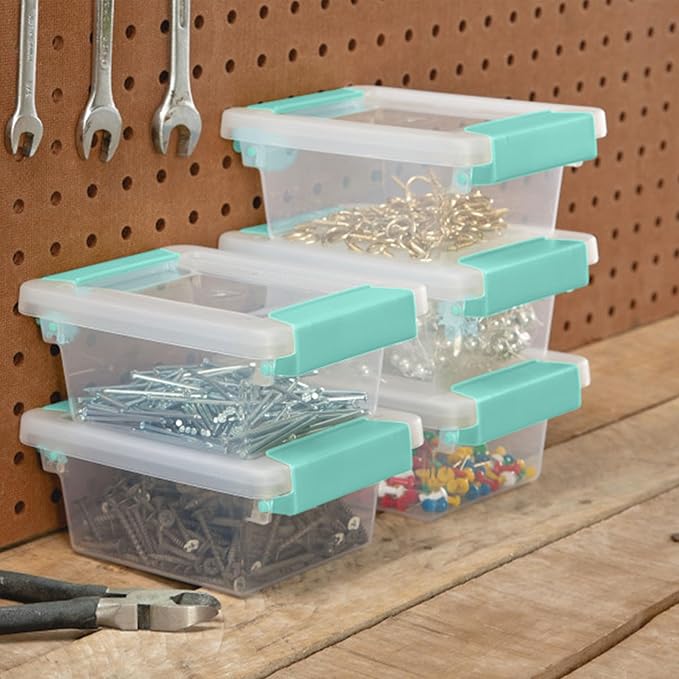 Sterilite 6-Pack Clip Box, Stackable Clear Plastic Bins with Latching Lids, Mini - Writing, Arts or Crafts Supplies Storage Containers for Home, Office, Classroom and Workshop Organization