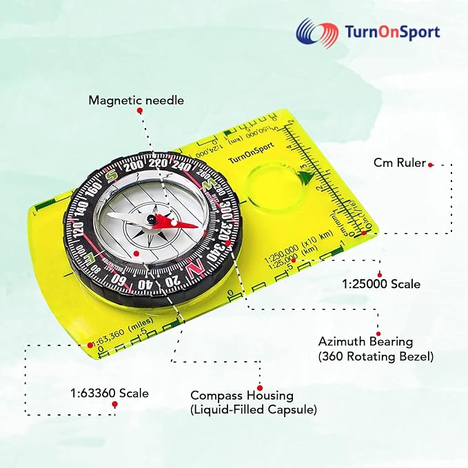 TurnOnSport Orienteering Compass - Advanced Scout Compass for Hiking, Camping, and Backpacking - Best Survival Gifts for Kids