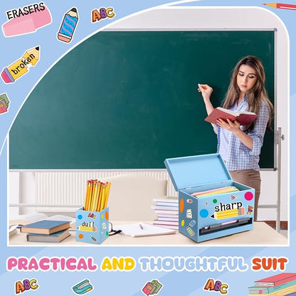 Mifoci 8 Pcs Wooden Pencil Dispenser Kit for Classroom Wooden Pen Holder Straw Dispenser Sharp and Dull Letter Stickers for Teachers Classroom Supplies Storage (Light Blue)