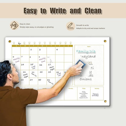 Glass 3-1 Golden Monthly Dry Erase Calendar Whiteboard for Wall,24"x 36",Frameless Mounting,Office/School/Home, Frameless Large Planner White Board