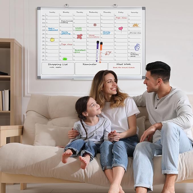 White Board Dry Erase Calendar for Wall, Magnetic Weekly Schedule-Board with Hourly Time Slots for Home, Office,Work, School, Hanging Double-Sided Whiteboard with Marker Tray, 36" × 24"