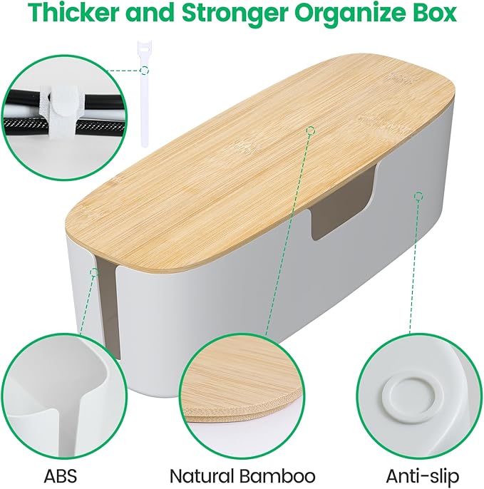 Large Cable Management Box - Cord Organize Box with Bamboo lid for Safe Home & Office, Cord Hider for Power Strip Under Desk, Cover TV Wires, Child & Pet Proof Cord Box, White