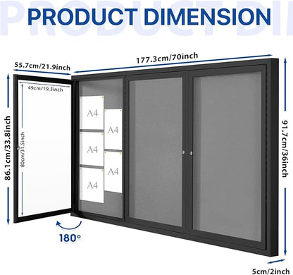 SWANCROWN Outdoor Bulletin Board 70x36in, Enclosed Bulletin Board with Locking Door for Office School Commerce, Grey Felt, Black Aluminum Frame