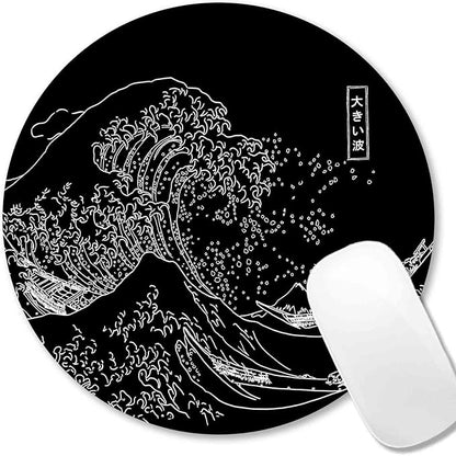 IMAYONDIA Japanese Great Wave Mouse Pad Small, Black Anime Mouse Pads, Kanagawa Round Mousepad, Aesthetic Desk Decor, Anti Slip Rubber Base Mice pad for Computer Office Travel, 7.9 x 7.9 Inch
