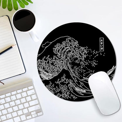 IMAYONDIA Japanese Great Wave Mouse Pad Small, Black Anime Mouse Pads, Kanagawa Round Mousepad, Aesthetic Desk Decor, Anti Slip Rubber Base Mice pad for Computer Office Travel, 7.9 x 7.9 Inch