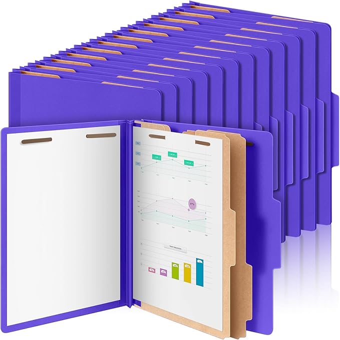 Skyygemm 48 Pcs Classification Folders Letter Size, 2 Divider Pressboard File Folders with 3. 5 Inch Expansion, 2 Prongs Fastener, Heavy Duty Office File Organizers for Teachers, Medical (Purple)