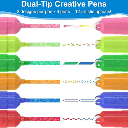 AECHY Dual Tip Glitter Highlighters & Dual-Color Curve Roller Pens,6 Pack | Sparkle Markers with Bullet Tip & Dual-Color Gradient Roller for Journaling, Note Taking, Scrapbooking,School Supplies &Gifts