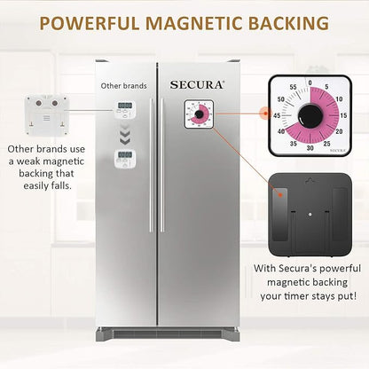 Secura 60-Minute Visual Countdown Timer, 7.5-Inch Oversize Classroom Visual Timer for Kids and Adults, Durable Mechanical Kitchen Timer Clock with Magnetic Backing (Peony Color)
