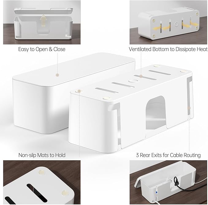 YECAYE 2 Pack Cable Management Box, Pet Friendly Cable Box Organizer for Home & Office, Child-Proof Floor Cord Cover, Cord Management and Cord Hider, White