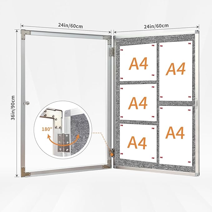 Enclosed Bulletin Board,Outdoor Weatherproof, Display Case Message Board with Acrylic Locking Door, Felt Grey,Aluminum Frame,36x24 Inch (5xA4)