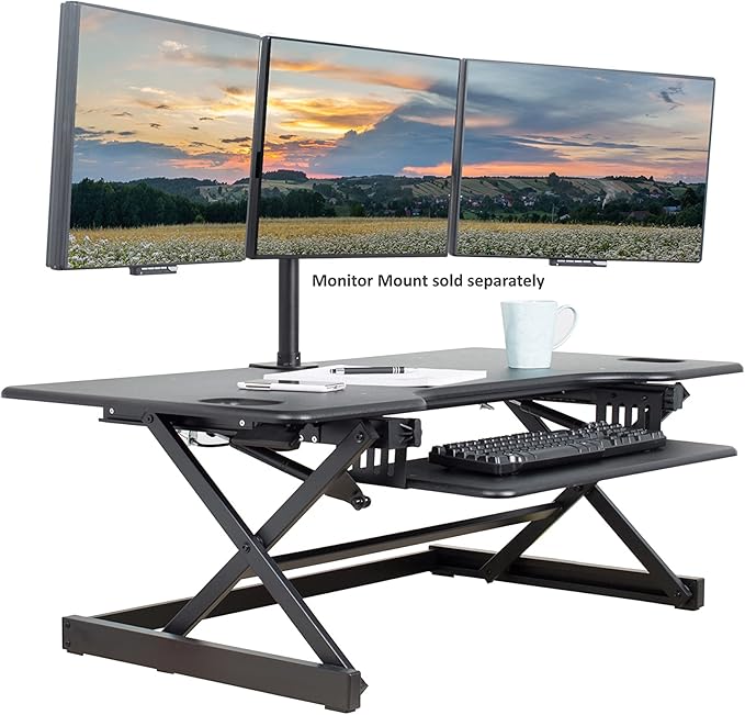 Rocelco 46" Large Height Adjustable Standing Desk Converter - Quick Sit Stand Up Triple Monitor Riser - Tall Gas Spring Assist Computer Workstation - Retractable Keyboard Tray - Black (R DADRB-46)