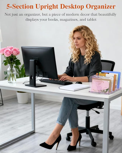 COWVTUJ Adjustable Rose File Organizer for Desk, Vertical File Folder Holders for Magazines, Upright Desktop Binder Organizer, Clear Paper Bookshelf Divider File Sorter for School Office Supplies