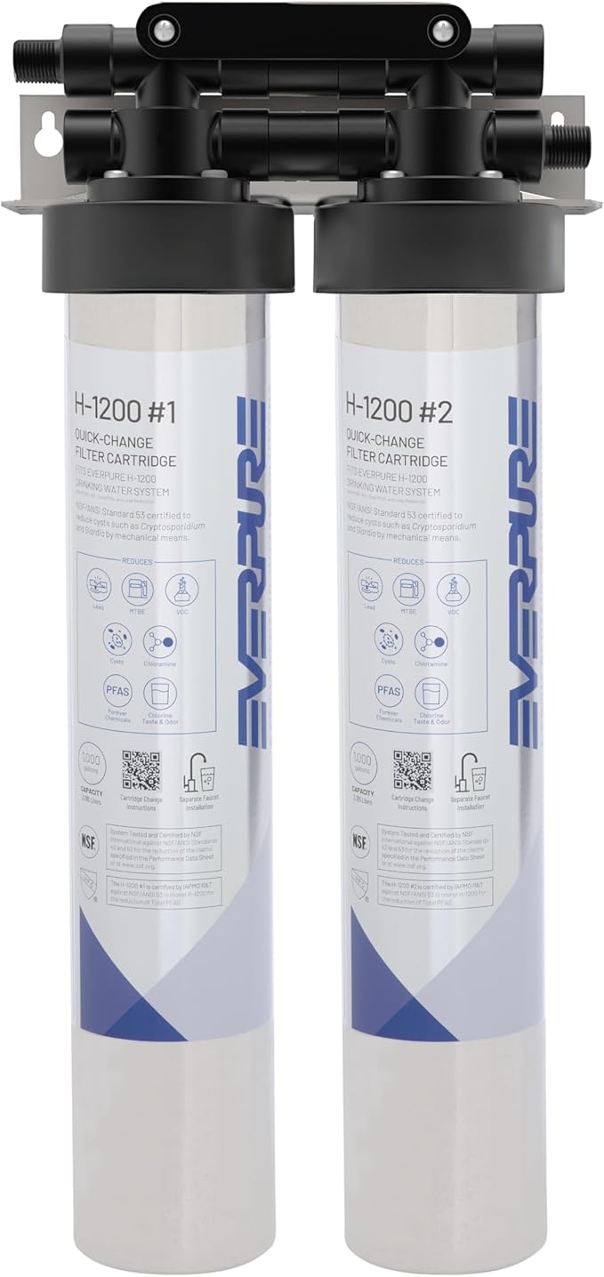 Pentair Everpure H-1200 Drinking Water System, EV928200, NSF Certified to Reduce Lead & PFOA/PFOS, Dual Cartridge System with Filter Head, Cartridges and Hardware, 1,000 Gallon Capacity, 0.5 Micron