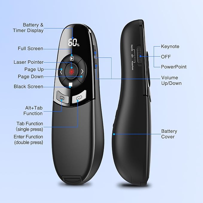 Presentation Clicker for PowerPoint with Red Laser Pointer and Timer, Wireless Clicker for Laptop Presentations Remote, Power Point Remote Clicker for Computer/Mac/PPT/Google Slide Advancer