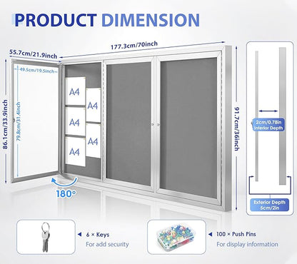 SWANCROWN Weather Resistant Enclosed Bulletin Board Gray Fabric Displays Boards Wall Mounted Notice Cabinet with Three Locking Doors, 70x36 inches