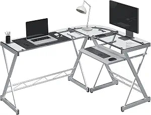 L Shaped Desk with Keyboard Tray & Tempered Glass Desktop