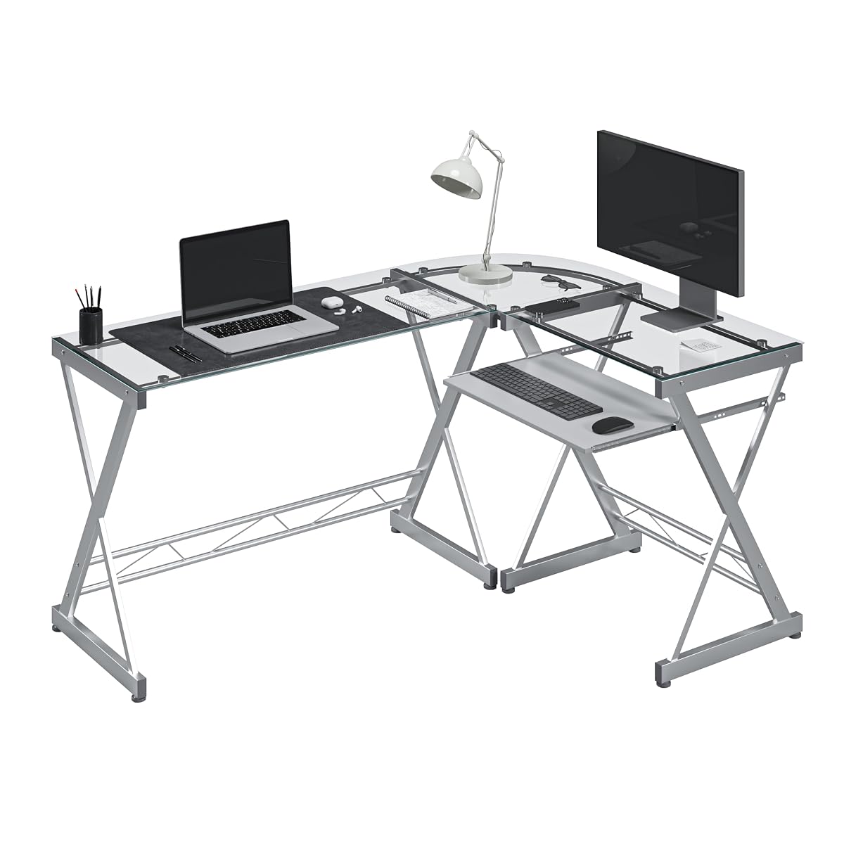L Shaped Desk with Keyboard Tray & Tempered Glass Desktop