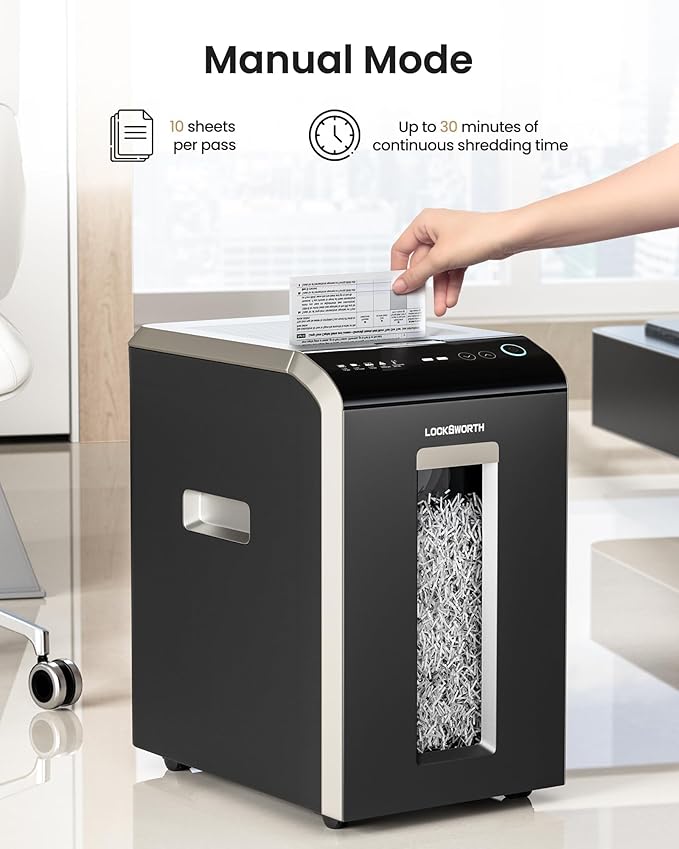 Locksworth 200-Sheet P-5 Micro-Cut Heavy-Duty Paper Shredder, 60-Min Continuous Run, 8.5-Gal Bin, Auto Jam-Proof, Home Office, High-Security