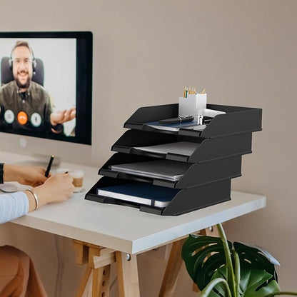 4 Pack Stackable Paper Trays for Letter Documents, Desktop File Organizers for Office Supplies, Stackable Desk Tray Holder for Paper Storage, Black