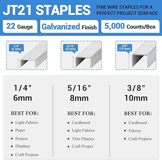 meite JT21 Staples, 1/4 Inch Galvanized Fine Wire Staples for Staple Gun - 7/16" Crown JT21 Staple Refill, Ideal for Upholstery, Crafts, Furniture (10 Boxes)