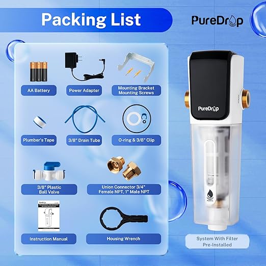 PureDrop PDR-ARB50WSP Spin Down Sediment Water Filter, Auto Flushing Module with Touch-Screen, Reusable Whole House Sediment Filter for Well Water w/Scraper, 50-Micron Prefilter Filtration System