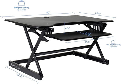 Rocelco 40" Large Height Adjustable Standing Desk Converter with Dual Monitor Stand BUNDLE - Quick Sit Stand Up Computer Workstation Riser - Retractable Keyboard Tray - Black (R DADRB-40-DMS)