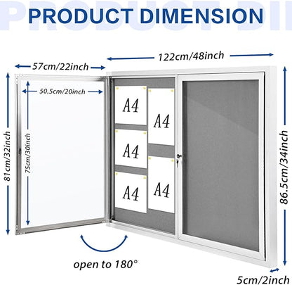 SWANCROWN Weather Resistant Enclosed Bulletin Board Gray Fabric Displays Boards Wall Mounted Notice Board with Aluminum Frame,48x34 inches