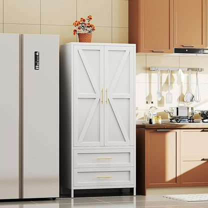 SUPEER Metal Wardrobe Cabinet with 2 Drawers and Hanging Rod, 70.9" H Metal Armoire Wardrobe Closet with Adjustable Shelf for Bedroom, Laundry Room, Home,Office,Installation Required,White