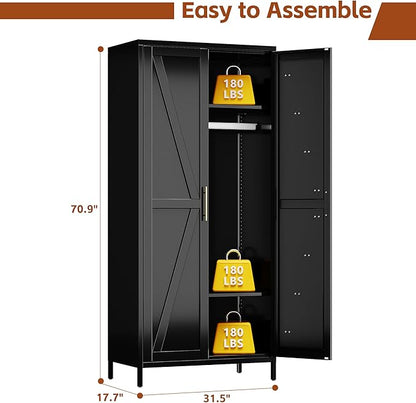 SUPEER Metal Wardrobe Cabinet with Hanging Rod,Metal Wardrobe Closet with Doors and Adjustable Shelves, Armoire Closet Locker for Home,Office,H70.9 X W31.5 X D17.7,Installation Required,Black