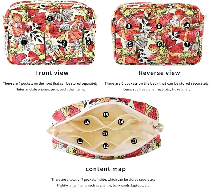 E-WEICHEN Multiple Pockets Portfolio Organizer with Zippered, Makeup Bag Travel Essentials for Women, Simple Waterproof Stationery Pencil Pouch Bag for Journal Office Art Supplies.Red Ink Flower