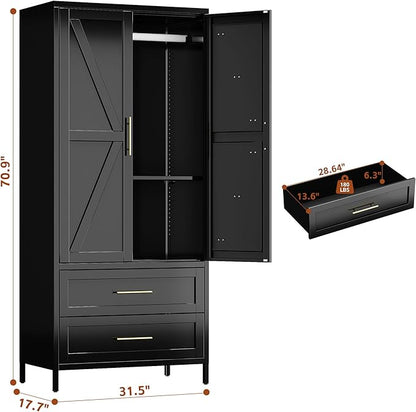 SUPEER Metal Wardrobe Cabinet with 2 Drawer and Hanging Rod, 70.9" H Metal Armoire Wardrobe Closet with Adjustable Shelf for Bedroom, Laundry Room, Home,Office,Installation Required,Black
