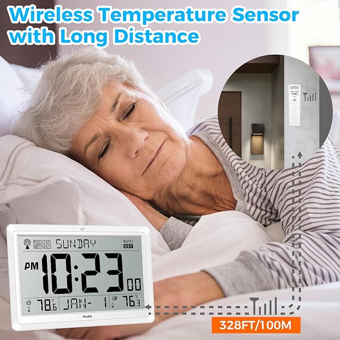 Wall Clock Atomic with Indoor Outdoor Temperature Battery Powered, Easy Reading with 10.5 Inch Large LCD Display, 330FT Range Table Wall Clock with DST, 12/24 Hour for Living Room Kitchen (White)